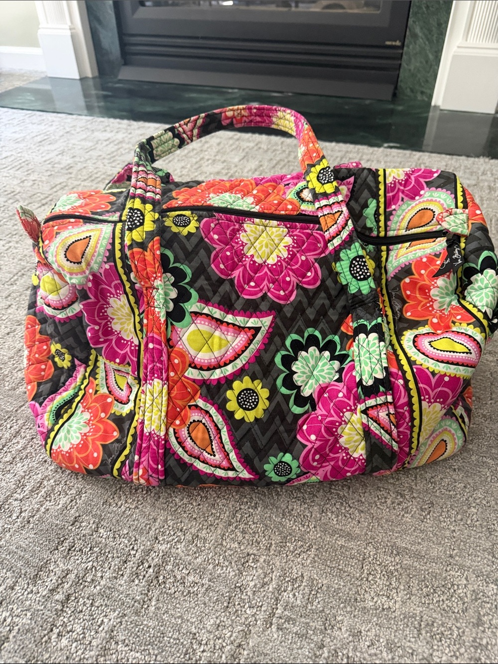 Vera Bradley Black Multi Floral Quilted Travel Tote with Pink, Orange, Green